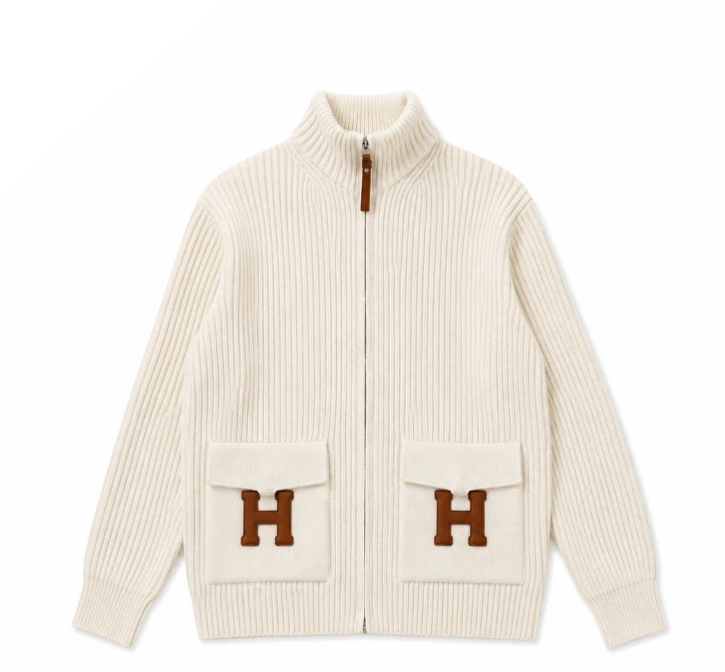 "H" Rib Zip Knit Cardigan
